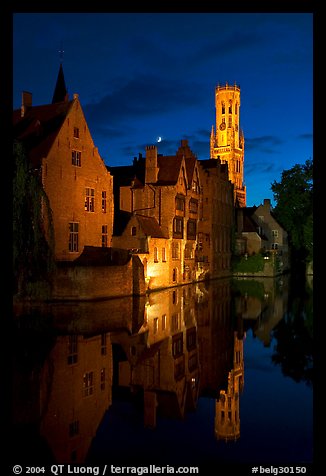 Old houses and belfry Quai des Rosaires, night. Bruges, Belgium