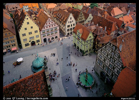 Marktplatz seen from the Rathaus tower. Rothenburg ob der Tauber, Bavaria, Germany (color)