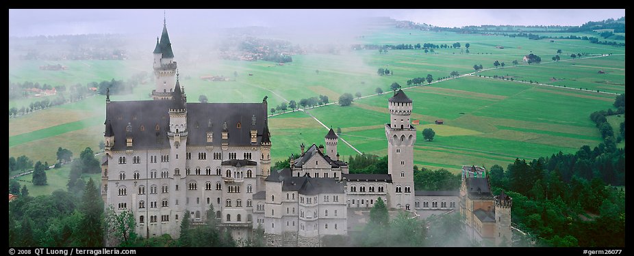 Neuschwanstein castle and fog. Bavaria, Germany (color)