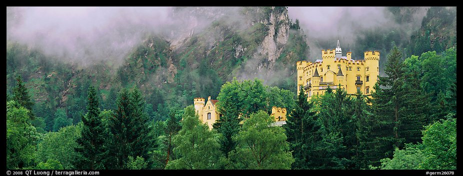 Hohenschwangau castle on forested hillside. Bavaria, Germany