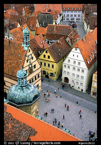 Marktplatz seen from the Rathaus tower. Rothenburg ob der Tauber, Bavaria, Germany (color)
