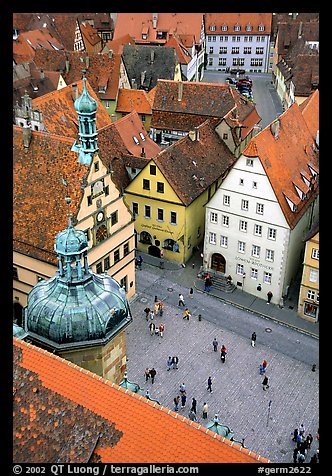 Marktplatz seen from the Rathaus tower. Rothenburg ob der Tauber, Bavaria, Germany