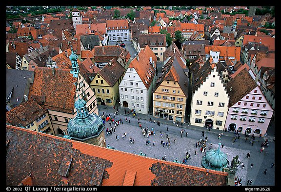 Marktplatz seen from the Rathaus tower. Rothenburg ob der Tauber, Bavaria, Germany (color)