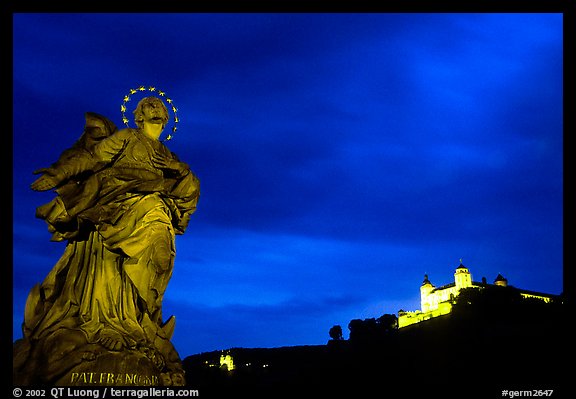 Alte Mainbrucke (bridge) and Festung Marienberg (citadel) at night. Wurzburg, Bavaria, Germany (color)