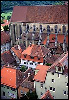 House rooftops and Kirche Sankt-Jakob seen from the Rathaus tower. Rothenburg ob der Tauber, Bavaria, Germany (color)