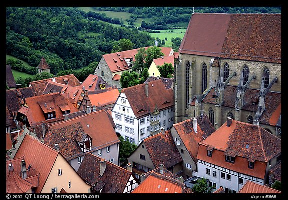 House rooftops and Kirche Sankt-Jakob seen from the Rathaus tower. Rothenburg ob der Tauber, Bavaria, Germany (color)