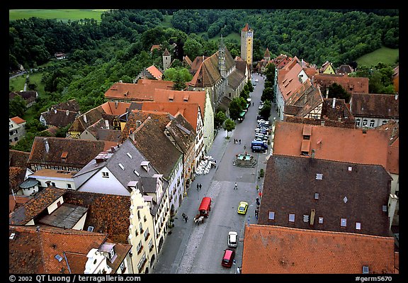 House rooftops and Street seen from the Rathaus tower. Rothenburg ob der Tauber, Bavaria, Germany (color)