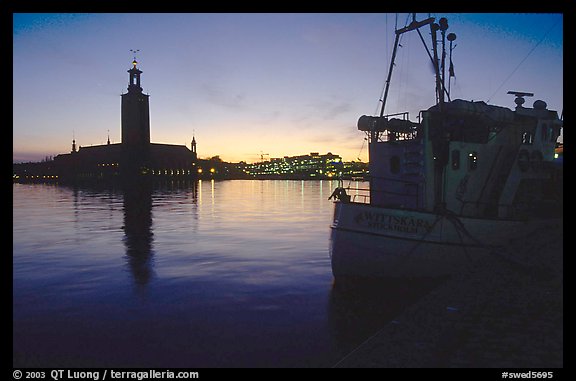 Fishing boat and Stadshuset. Stockholm, Sweden