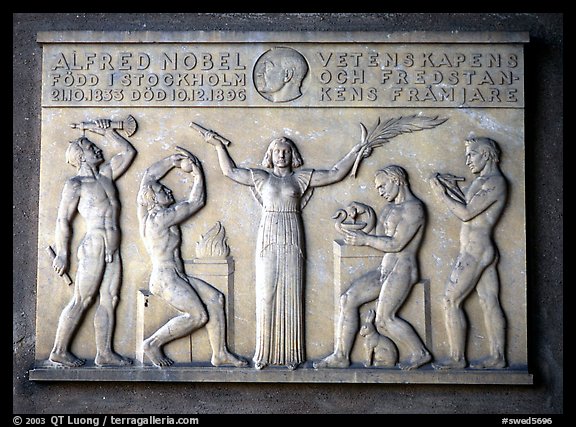 Bas relief in the Stadshuset commemorating Alfred Nobel. Stockholm, Sweden (color)