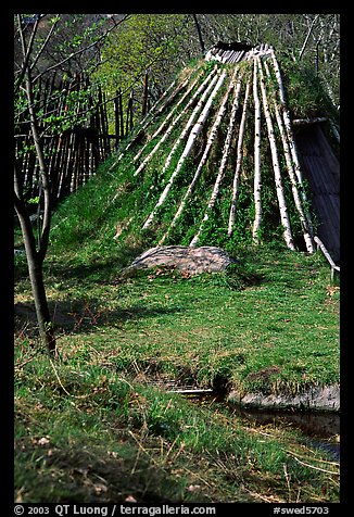 Traditional hut covered with grass, Skansen. Stockholm, Sweden (color)