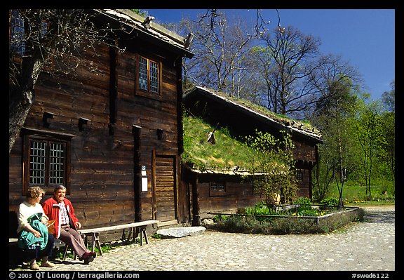 Traditional house with roof covered in grass, Skansen. Stockholm, Sweden (color)