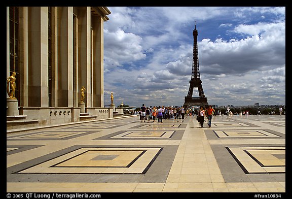 Eiffel tower seen from the marble surface of Parvis de Chaillot. Paris, France (color)