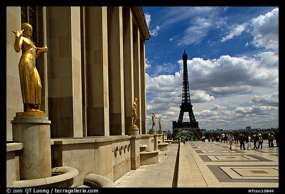 Maillol sculpture, Palais de Chaillot, and Eiffel tower. Paris, France