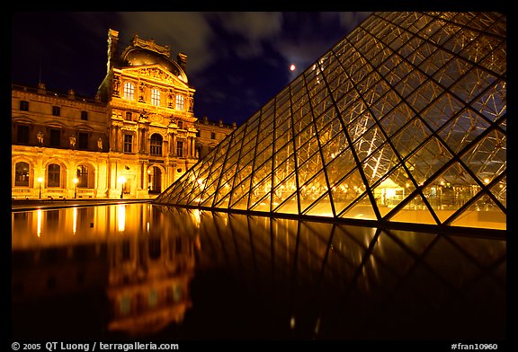 Louvre, Pei Pyramid and basin  at night. Paris, France