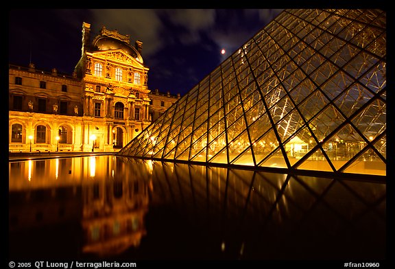 Louvre, Pei Pyramid and basin  at night. Paris, France (color)