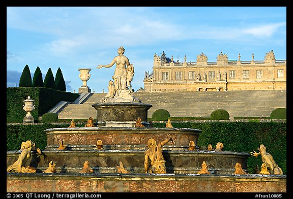 Fountain in the Versailles palace extensive gardens. France (color)