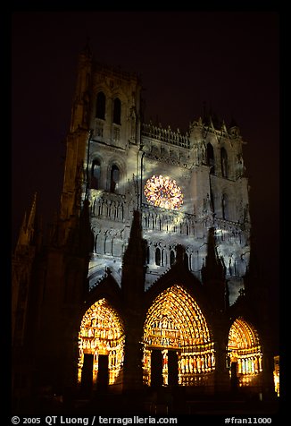 Cathedral facade illuminated at night, Amiens. France