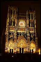 Cathedral facade laser-illuminated at night to recreate original colors, Amiens. France