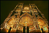 Looking up Notre Dame Cathedral laser-illuminated to recreate original colors, Amiens. France (color)