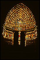 Door of Cathedral laser-illuminated to recreate original colors, Amiens. France