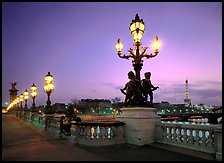 Lamps on Alexandre III bridge at sunset. Paris, France