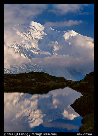 Mont Blanc and clouds reflected in pond, Chamonix. France