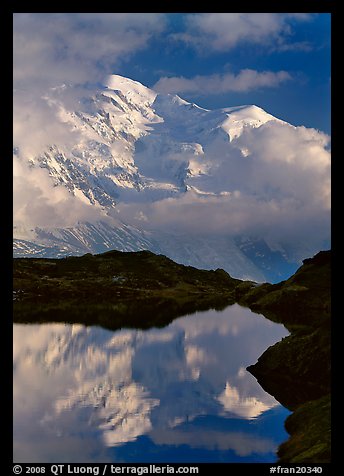 Mont Blanc and clouds reflected in pond, Chamonix. France