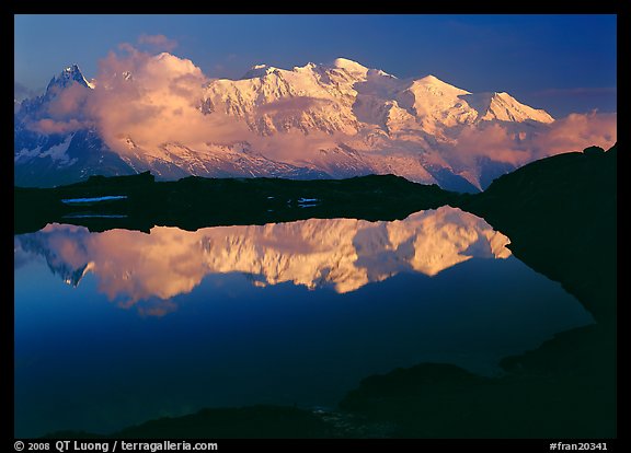 Mont Blanc reflected in pond at sunset, Chamonix. France (color)