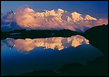 Mont Blanc reflected in pond at sunset, Chamonix. France