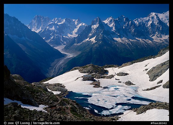 Frozen Lac Blanc, and Mont-Blanc Range, morning, Chamonix. France (color)