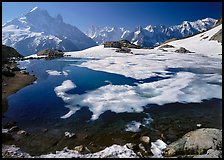 Partly Frozen Lac Blanc, Aiguille Verte, and Mont-Blanc range, Chamonix. France (color)