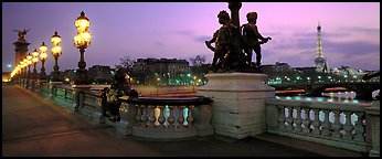 Alexander III bridge and Eiffel tower at dusk. Paris, France (Panoramic color)