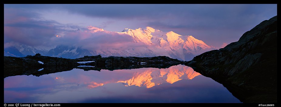 Mountain scenery with high peak reflected at sunset, Mont-Blanc. France (color)