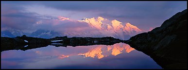Mountain scenery with high peak reflected at sunset, Mont-Blanc. France (Panoramic color)