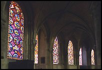 Aisle with tained glass windows, Saint-Etienne Cathedral. Bourges, Berry, France (color)