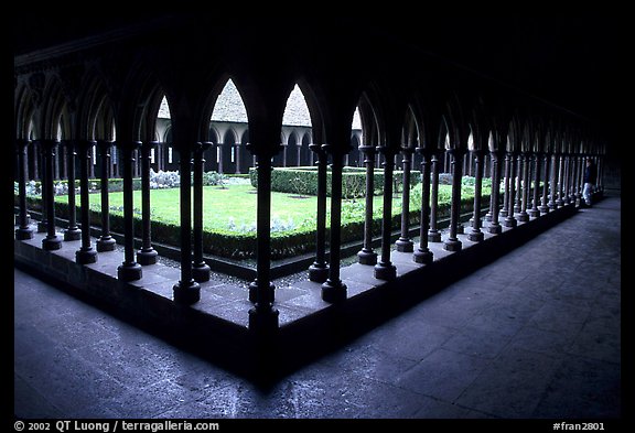 Cloister inside the Benedictine abbey. Mont Saint-Michel, Brittany, France