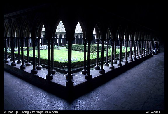 Cloister inside the Benedictine abbey. Mont Saint-Michel, Brittany, France (color)