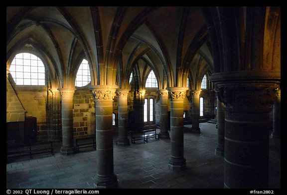 Hall of the knights inside the Benedictine abbey. Mont Saint-Michel, Brittany, France (color)