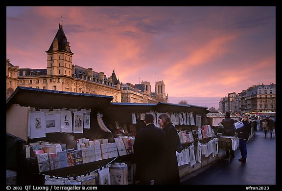 Bouquinistes (antiquarian booksellers) on the banks of the Seine. Paris, France (color)
