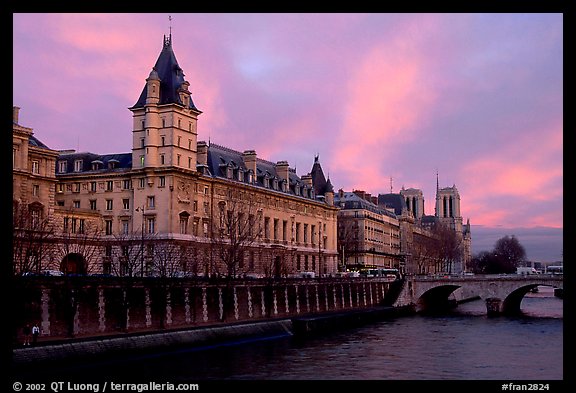 Conciergerie, Pont-au-change, and Ile de la Cite at sunset. Paris, France (color)