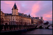 Conciergerie, Pont-au-change, and Ile de la Cite at sunset. Paris, France (color)