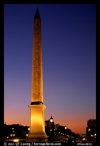 Luxor obelisk of the Concorde plaza at sunset. Paris, France (color)