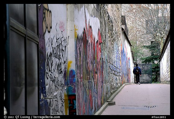 Boy in side alley with graffiti on walls. Paris, France (color)