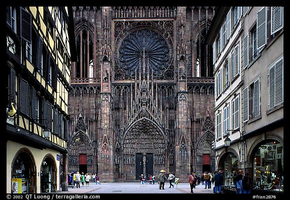 Facade of the Notre Dame cathedral seen from nearby street. Strasbourg, Alsace, France