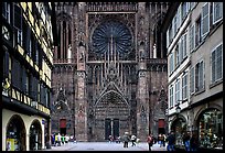 Facade of the Notre Dame cathedral seen from nearby street. Strasbourg, Alsace, France