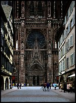 Facade of the Notre Dame cathedral seen from nearby street. Strasbourg, Alsace, France