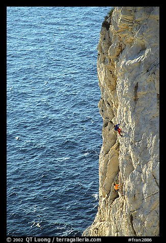 Rock climbing above water in the Calanque de Morgiou. Marseille, France