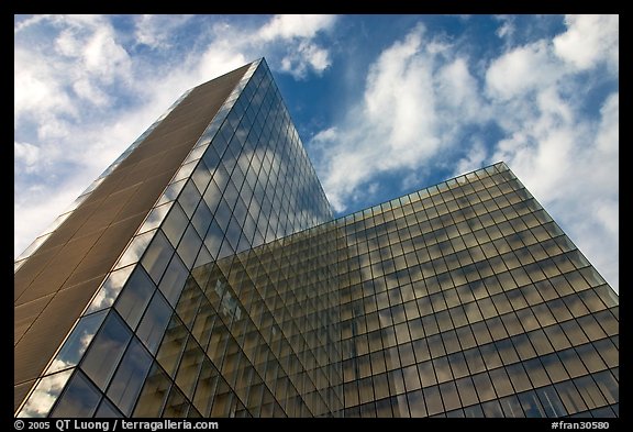 Corner buildings of the Francois Mitterand library, evoking an open book. Paris, France