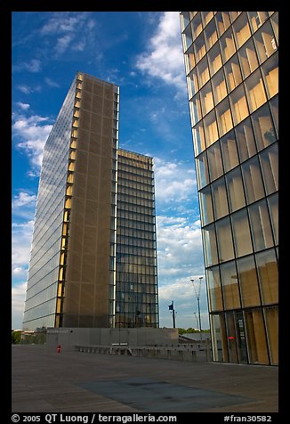 Two corner buildings of the Bibliotheque Francois Mitterand. Paris, France