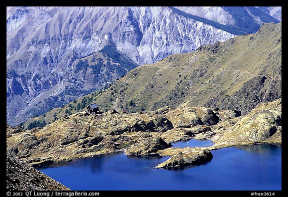 Lake and mountain hut, Mercantour National Park. Maritime Alps, France